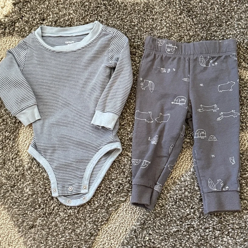 Carters Baby Boy Dog Driving Car Blue Tee Gray Striped Onesie Joggers Lot 3 Pc